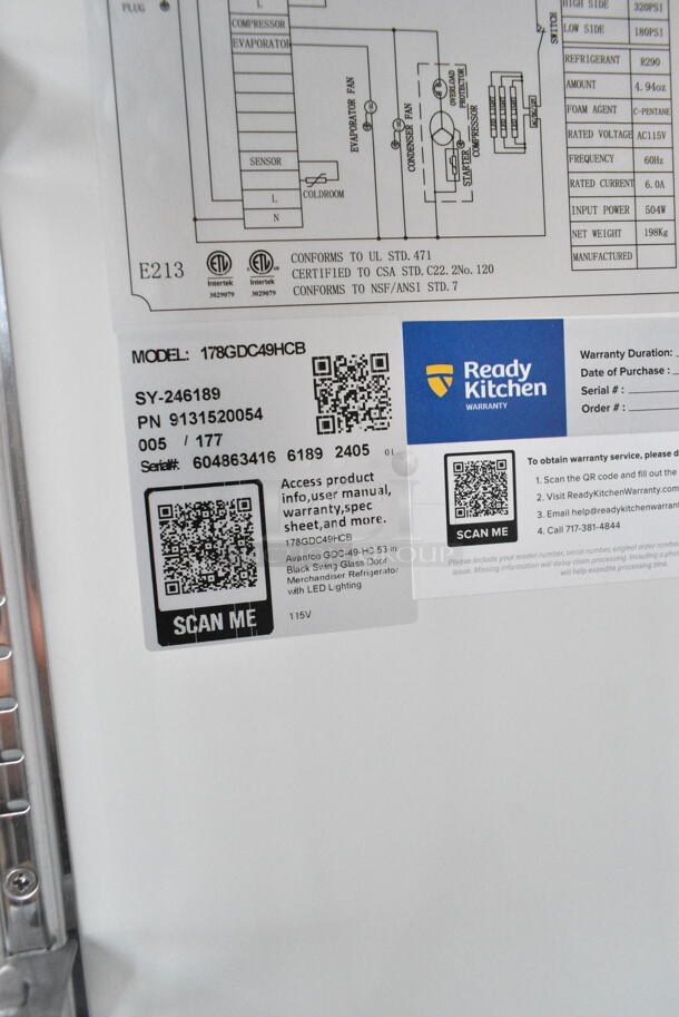 BRAND NEW SCRATCH AND DENT! 2024 Avantco 178GDC49HCB 53" Black Customizable Swing Glass Door Merchandiser Refrigerator with LED Lighting. See Pictures for Broken Glass on Door. 115 Volts, 1 Phase. Tested and Working! - Image 9 of 9