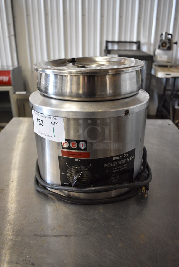 FEI Model SW8 Stainless Steel Commercial Countertop Soup Kettle Food Warmer w/ Insert and Lid. 120 Volts, 1 Phase. 12x12x11. Tested and Working!