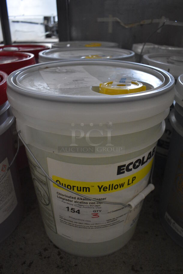 3 Ecolab Quorum Yellow LP Chlorinated Alkaline Cleaner Buckets. 12x12x15. 3 Times Your Bid!