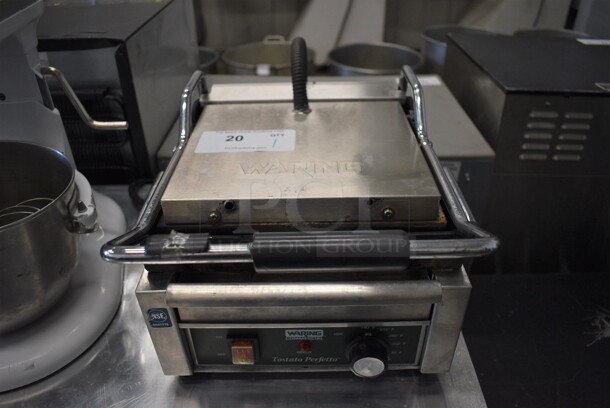 Waring Model WFG150 Stainless Steel Commercial Countertop Panini Press. 120 Volts, 1 Phase. 15x16x10. Tested and Powers On But Does Not Get Warm