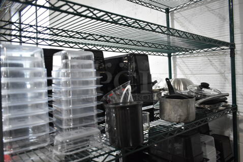 ALL ONE MONEY! Tier Lot of Various Items Including Poly Drop In Bins, Sauce Pans, Colander, Metal Bowls. 
