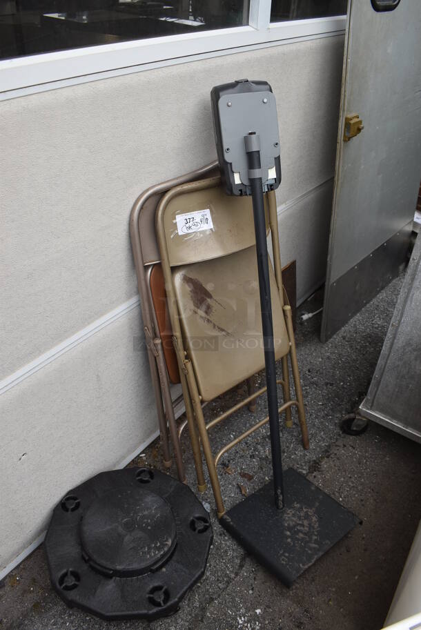 ALL ONE MONEY! Lot of 2 Metal Folding Chairs, Hand Sanitizer Dispenser and Trash Can Dolly