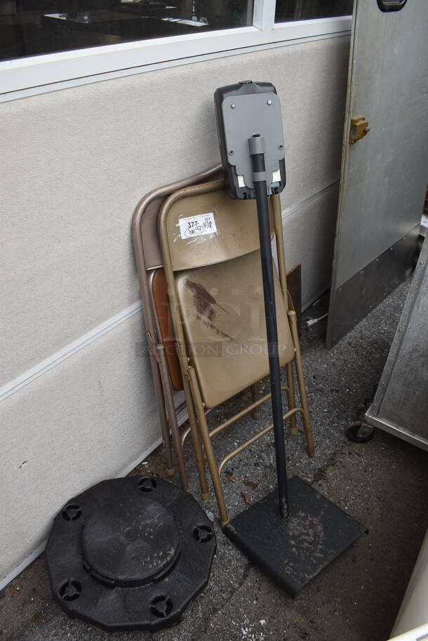 ALL ONE MONEY! Lot of 2 Metal Folding Chairs, Hand Sanitizer Dispenser and Trash Can Dolly - Image 1 of 1