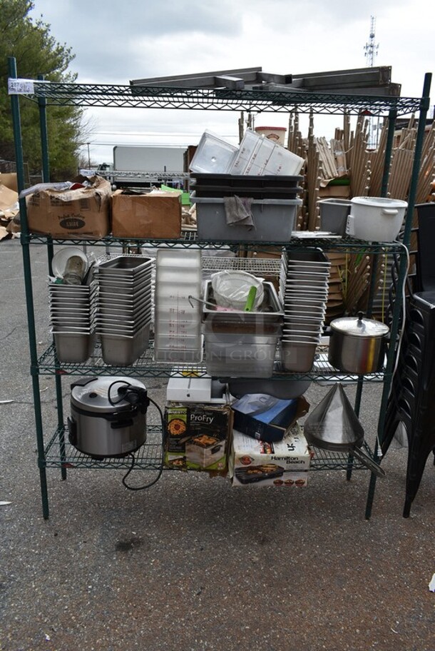 ALL ONE MONEY! Metro Green Finish 4 Tier Wire Shelving Unit w/ Contents Including Stainless Steel Drop In Bins and Rice Cooker. BUYER MUST DISMANTLE. PCI CANNOT DISMANTLE FOR SHIPPING. PLEASE CONSIDER FREIGHT CHARGES.