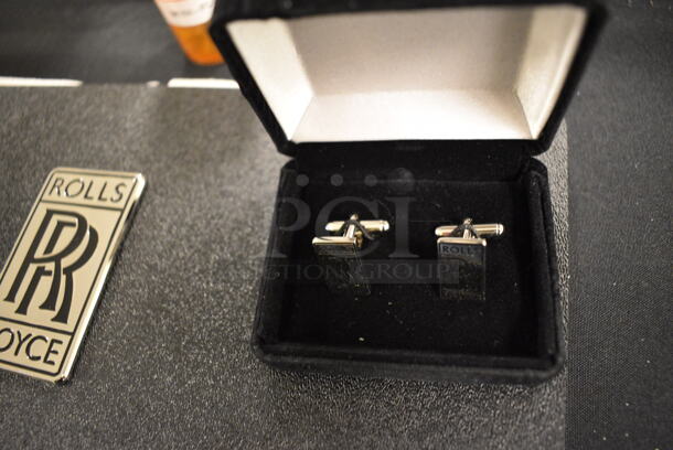 ALL ONE MONEY! Lot of Rolls Royce Items Including Clock, License Plate Cover, Cuff Links, Windshield Wiper Blades, Spirit of Ecstasy Emblem, Flash Light, Aprons, Car Parts and Mini Fuses - Image 4 of 12