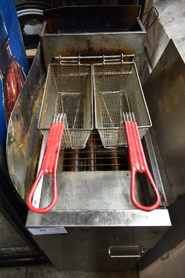 Dean SR42GNS Stainless Steel Commercial Floor Style Natural Gas Powered Deep Fat Fryer w/ 2 Metal Fry Baskets. 105,000 BTU.  - Image 2 of 6