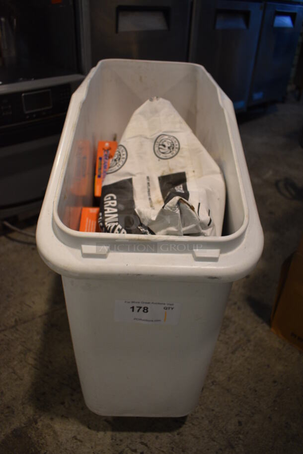 White Poly Ingredient Bin w/ Contents on Commercial Casters. 13.5x28x28.5