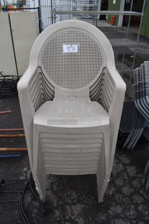 11 Tan Poly Patio Chairs w/ Arm Rests. 22x20x35. 11 Times Your Bid!