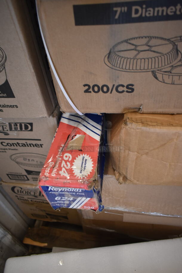 PALLET LOT of 30 BRAND NEW Boxes Including 760SOUP8WPL Choice 8 oz. White Double Poly-Coated Paper Food Cup with Vented Plastic Lid - 250/Case, 3 Box 128HD8BULK ChoiceHD 8 oz. Microwavable Translucent Plastic Deli Container - 480/Case, 500CC16 Choice Plastic Cold Cup, 612527PCO Choice 7" Round Standard Weight Foil Take-Out Pan with Dome Lid - 200/Case, 612P558 Choice 8" Clear Round Plastic Dome Lid - 500/Case, 160TCPR83WH Choice 83" Round White 100% Spun Polyester Hemmed Cloth Table Cover, 2 Box 128HDLDBULK ChoiceHD Microwavable Translucent Plastic Deli Container Lid - 480/Case, 37T019 Libbey 9" Plates, 500TW35 Choice 3.5 oz. Translucent Thin Wall Plastic Cold Cup - 2500/Case, 394365L Noble Products Powder-Free Disposable Clear Vinyl Gloves for Foodservice - Large - 1000/Case, 245CB12PLN Choice 12" x 12" x 2" Kraft Customizable Corrugated Plain Pizza Box - 50/Case, 500PMGREEKBL Choice 10" x 14" Greek Key Blue Placemat - 1000/Case, 129MCS24W Choice 24 oz. White 8" x 5 1/4" x 2" Rectangular Microwavable Heavy Weight Container with Lid - 150/Case, 347TCL7 CUP 7OZ TUMBLER CL 500 CHOICE, 2 Box 129MCR32B Choice 32 oz. Black 7 1/4" Round Microwavable Heavy Weight Container with Lid - 10/Pack, 760SOUP12WP Choice 12 oz. White Double Poly-Coated Paper Food Cup with Vented Plastic Lid - 250/Case. 30 Times Your Bid! - Image 4 of 12