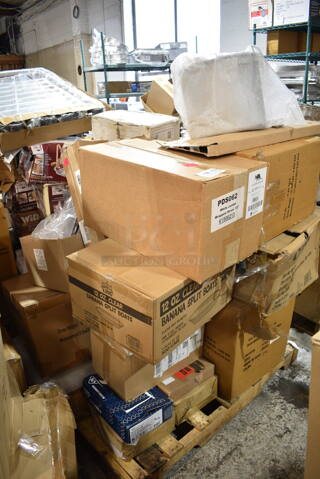 PALLET LOT of 32 BRAND NEW Items/Boxes Including Winco MPB-36 Mop Bucket, HPFK08165 Cleveland Element Kit, HP0811066K Cres Cor 0811 066 K Element Kit, HP2SK2372900 Cleveland SK2372900 Element, Outer, 208V, 6Kw, Sel/Sem-40T, HPSK2372903 Cleveland SSK24571-2 Elmt; Side 6kw@380v Sel/M40tr, HP109142 Cleveland 109142 Timer;Programmable;1sce, 61460014901 Pitco 60014901 T-Stat, Elec Kx 200-374F, HPFK22193 Cleveland FK22193 Kt-Vlv,Sld 3/4x 3/4,120v,60 Hz, 119P890563 Pitco P8905-63 Gas Valve, HP37493480 Imperial 37493-480 Heating Element 480V, Winco EWP-2 Full Size Water Pan w/ Adjustable Temperature Control, C-DPF1, 760BB12 Carnival King 12 oz. Clear Plastic Banana Split Boat - 500/Case, K2034 Paper Tape Rolls, T&S B-0230-LN Wall Mounted Pantry Faucet Base with 8" Adjustable Centers and Eterna Cartridges, 712JTDISPSS Lavex Stainless Steel Jumbo Single-Roll Toilet Tissue Dispenser, HP37491 Imperial 37491 Element, F-KS-S510 10 PC SS Kitchen Utensils, Winco MPB-36 Mop Bucket, 40AJS012HW JackStack Wall-Mounted Plate Rack Holds 12 Plates JS012HW, Waring 35x26 Roaster Pan, Winco C-CPF1 Flip Cover, Poly Condiment Bottles. 32 Times Your Bid!
