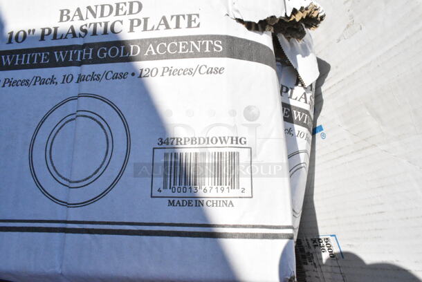 20 BRAND NEW Boxes Including 2 Box 347RPBD10WHG Visions 10" White Plastic Plate with Gold Bands - 120/Case, 5002WRAPNAPN EcoChoice WrapNap 2-Ply Natural Kraft 1/4 Fold Dinner Napkin 16" x 16" - 3000/Case, 500LFLAT Choice Clear Flat Lid with Straw Slot - 9, 12, 16, 20, and 24 oz. - 1000/Case, 5013339 Lavex Hercules 33 Gallon 2 Mil 33" x 39" Low Density Heavy-Duty Black Can Liner / Trash Bag - 100/Case, 50016W Choice White Poly Paper Hot Cup. 20 Times Your Bid!  - Image 2 of 12