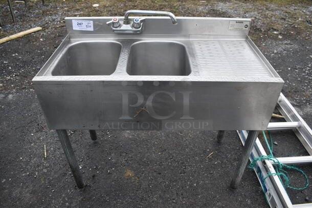 Krowne Stainless Steel Commercial 2 Bay Back Bar Sink w/ Right Side Drain Board, Faucet and Handles. 36x18x32. Bays 10x14x9. Drain Board 12x16x1