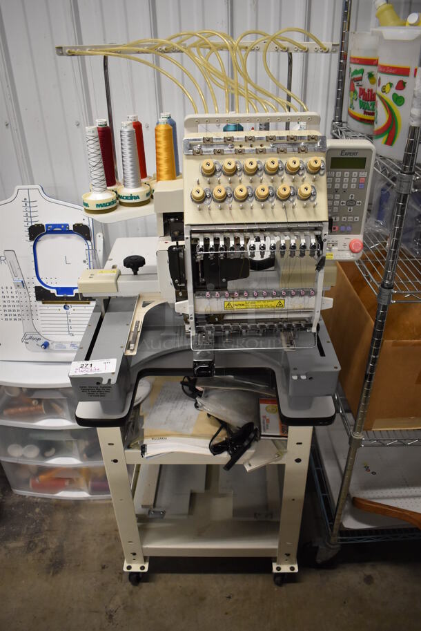 Expert Metal Commercial Floor Style Embroidery Machine on Commercial Casters w/ 2 Tiers Worth of Extra Parts, White 3 Drawer Cabinet of Thread and Pattern Board. Includes 25x34x64 - Image 2 of 12