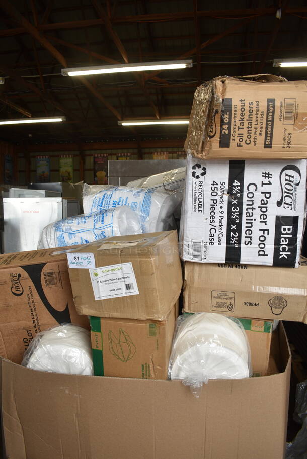PALLET LOT of 25 BRAND NEW Boxes Including 999RP10 10" Plates, 347SLWG8 Visions 8 oz. Heavy Weight Clear Plastic Stemless Wine Glass - 64/Case, GET CS-10-RM Rustic Mill 10 1/2" Irregular Round Coupe Plate - 12/Case, 500LFLAT Choice Clear Flat Lid with Straw Slot - 9, 12, 16, 20, and 24 oz. - 1000/Case, 475TCLD55BL Lavex 55 GallonBlue Round Commercial Trash Can Lid, Eco-Gecko 5" Square Palm Leaf Bowls, 612D3COMP Choice 8 1/2"x 6 3/8" 3-Compartment Oblong Foil Take-Out Container with Board Lid - 250/Case, 795PTOBK1 Choice Black Microwavable Folded Paper #1 Take-Out Container 4 3/8" x 3 1/2" x 2 1/2" - 450/Case, 395TO961 EcoChoice 9" x 6" x 3" Compostable Sugarcane / Bagasse 1 Compartment Take-Out Container - 200/Case, 347SLW68 Plastic Stemless Wine Glasses. 25 Times Your Bid! - Image 1 of 12