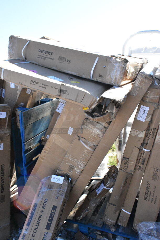 3 BRAND NEW SCRATCH AND DENT! Items Including 600TS1848S Regency 18" x 48" 16-Gauge 304 Stainless Steel Commercial Work Table with Undershelf, A2460NC Metro 24x60 Shelf, 600T3030G Regency 30" x 30" 18-Gauge 304 Stainless Steel Commercial Work Table with Galvanized Legs and Undershelf. 3 Times Your Bid! May Be Missing Pieces.  - Image 1 of 5