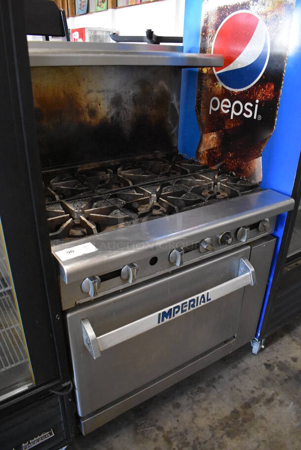 Imperial Stainless Steel Commercial Natural Gas Powered 6 Burner Range w/ Oven, Over Shelf and Back Splash on Commercial Casters. 36x34x57 - Image 6 of 6