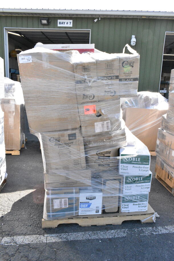 29 BRAND NEW Boxes Including 2 Box 129MCR32B Choice 32 oz. Black Round Microwavable Heavy Weight Container with Lid 7 1/4" - 150/Case, 760IC12PD Choice 12 oz. Polka Dot Paper Frozen Yogurt / Food Cup - 1000/Case, 612605070HD Choice Full Size Heavy-Duty Foil Steam Table Pan Deep 3 3/8" Depth - 50/Case, 3 Box 394365XL Noble Products Powder-Free Disposable Clear Vinyl Gloves for Foodservice - Extra Large - 1000/Case, 12218X1HD Choice 18" x 1000' Food Service Heavy-Duty Aluminum Foil Roll, 760SOUP16KFT EcoChoice 16 oz. Kraft Paper Food Cup with Vented Lid - 250/Case, 485COLNEON Choice 8 1/2" Colossal Neon Unwrapped Straw - 4000/Case, 2 Box 394360M Noble Products Clear Powdered Disposable Vinyl Gloves for Foodservice - Medium - 1000/Case, EcoChoice No PFAS Added Bamboo / Bagasse Blend 7 1/2" x 10" Oval Platter - 500/Case. 29 Times Your Bid!  - Image 1 of 12