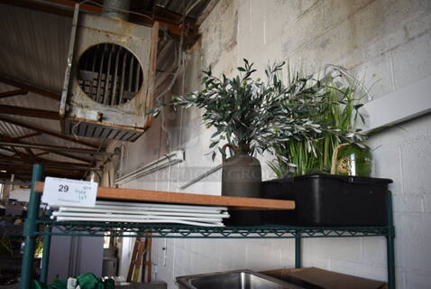 ALL ONE MONEY! Tier Lot of Various Items Including Fake Plants, Racks and Chalkboard