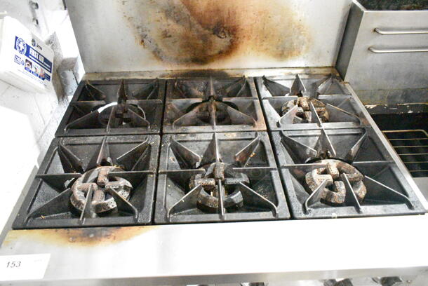 Cooking Performance Group CPG 351S36N Stainless Steel Commercial Natural Gas Powered 6 Burner Range w/ Oven, Over Shelf and Back Splash on Commercial Casters. 210,000 BTU.  - Image 3 of 7