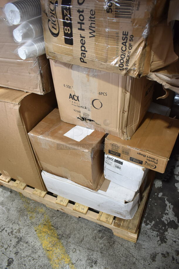 PALLET LOT of 17 BRAND NEW Boxes Including 500CC16 Choice Clear PET Customizable Plastic Cold Cup - 16 oz. - 1000/Case, 190H10LVS16OZ 10 Lane Universal Gravity Feed Bottle Organizer for 12 oz. to 16 oz. Bottles with High Rings, Nautical Direct 4 oz Foam Cups, 433NHT101 Choice 1/6 Standard Size White "Thank You" Standard-Duty Plastic T-Shirt Bag - 700/Case, 5013339XXH Lavex Pro 33 Gallon 2.5 Mil 33" x 39" Low Density Heavy-Duty Industrial Contractor Black Trash Bag Can Liner - 100/Case, 922EC14FP Acopa 6.5 Qt. Supreme Round Chafer Food Pan. 17 Times Your Bid! - Image 7 of 7