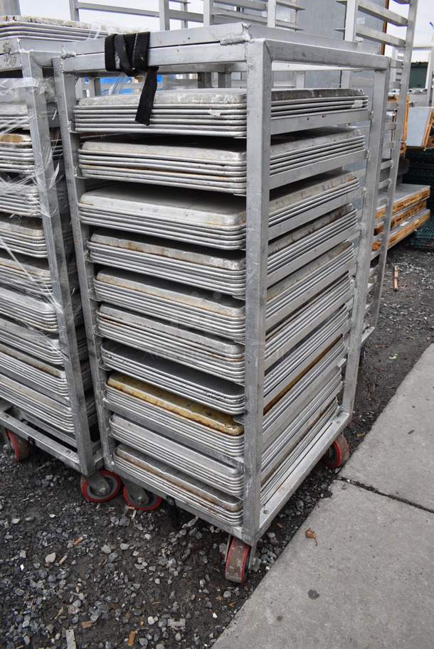 Metal Commercial Pan Transport Rack on Commercial Casters w/ 58 Metal Full Size Baking Pans. 21x26x52. 18x26x1 - Image 2 of 4
