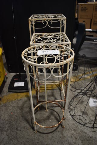 3 Metal White Stands. 11x11x27.5, 9.5x9.5x23.5. 3 Times Your Bid!