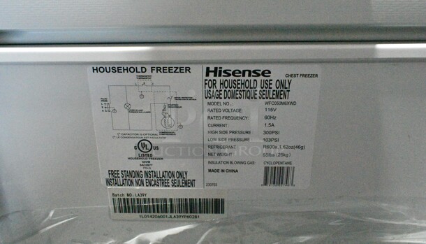 Hisense WFC050M6XWD Metal Chest Freezer w/ Hinge Lid. 115 Volts, 1 Phase. Tested and Working! - Image 5 of 5