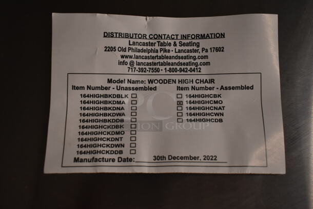 2 BRAND NEW SCRATCH AND DENT! Lancaster Table & Seating 164HIGHCMO Assembled Standard Height Wooden High Chair with Mahogany Finish. 2 Times Your Bid! - Image 7 of 7