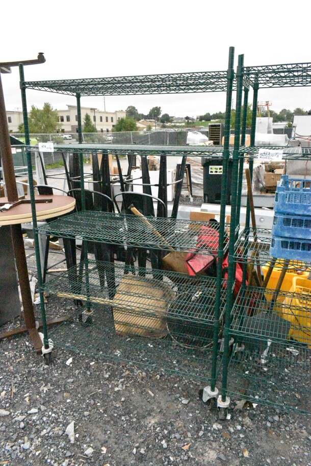 Green Finish 5 Tier Wire Shelving Unit on Commercial Casters. BUYER MUST DISMANTLE. PCI CANNOT DISMANTLE FOR SHIPPING. PLEASE CONSIDER FREIGHT CHARGES.  - Image 1 of 4