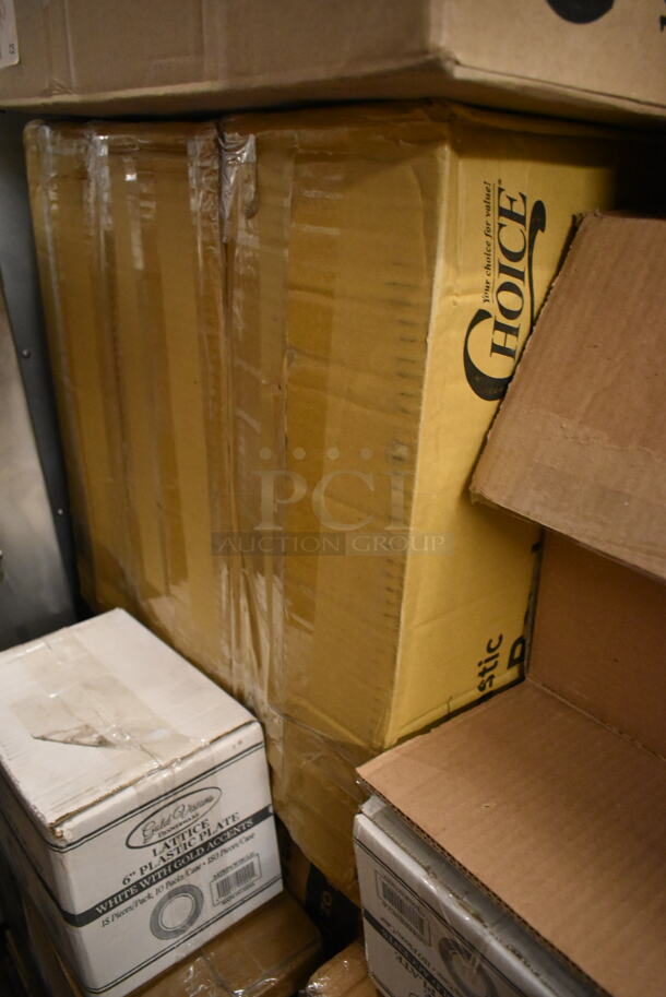 PALLET LOT OF 32 BRAND NEW Boxes Including 2 Box Choice Oblong Plastic Dome Lid, 347RP6WHGLD Visions 6" White Plastic Plate with Gold Lattice Design - 150/Case, 2 Box Choice Deli Container, 500TO993C3 9" x 9" x 3" Microwaveable 3-Compartment Black / Clear Plastic Hinged Container, 271VC5252SBK Intedge 52" x 52" Black Solid Vinyl Table Cover with Flannel Back, 178NLE10CN Compressor, 17828026SC Starting Capaci, 17828015PS Protector, 17828002C Compressor Cover, 3 Box 433NHTBIO EcoChoice 1/6 Standard Size Biodegradable Standard-Duty Plastic T-Shirt Bag - 500/Case, 357FBT2068A0 BASE & TOP PLATE - KT22 BLK 2/PK, 2 Box 485WPJ7BK EcoChoice 7 3/4" Jumbo Black Wrapped Paper Straw - 3200/Case. 32 Times Your Bid! - Image 3 of 12