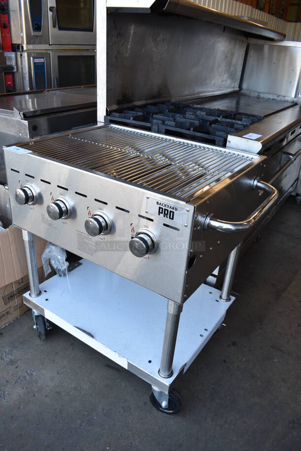 BRAND NEW! Backyard Pro Model GC402 Stainless Steel Commercial Propane Gas Powered Countertop Charbroiler Grill w/ Under Shelf. 15,000 BTU. 39x24x35. Tested and Working! - Image 4 of 8