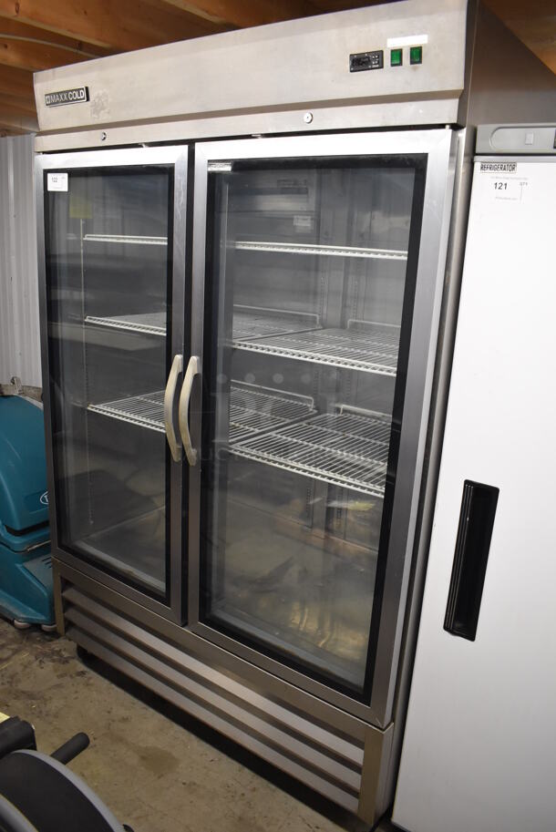 Maxx Cold MXCR-49GD Stainless Steel Commercial 2 Door Reach In Cooler Merchandiser w/ Poly Coated Racks on Commercial Casters. 115 Volts, 1 Phase. 54x32x83. Tested and Working! - Image 2 of 6