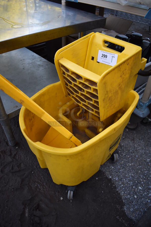 Rubbermaid Yellow Poly Mop Bucket w/ Wringing Attachment and Wet Floor Caution Sign on Commercial Casters. 15x24x36 - Image 2 of 4