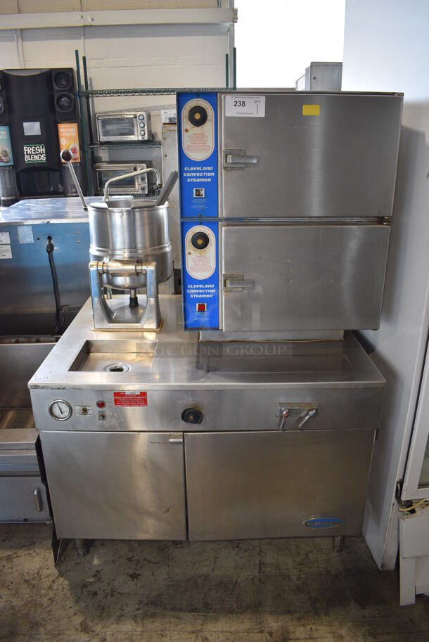 Cleveland Convection Stainless Steel Commercial Electric Powered Double Deck Steam Cabinet w/ Model TDC/2-20 Tilting Kettle. 208 Volts, 3 Phase. 42x35x62