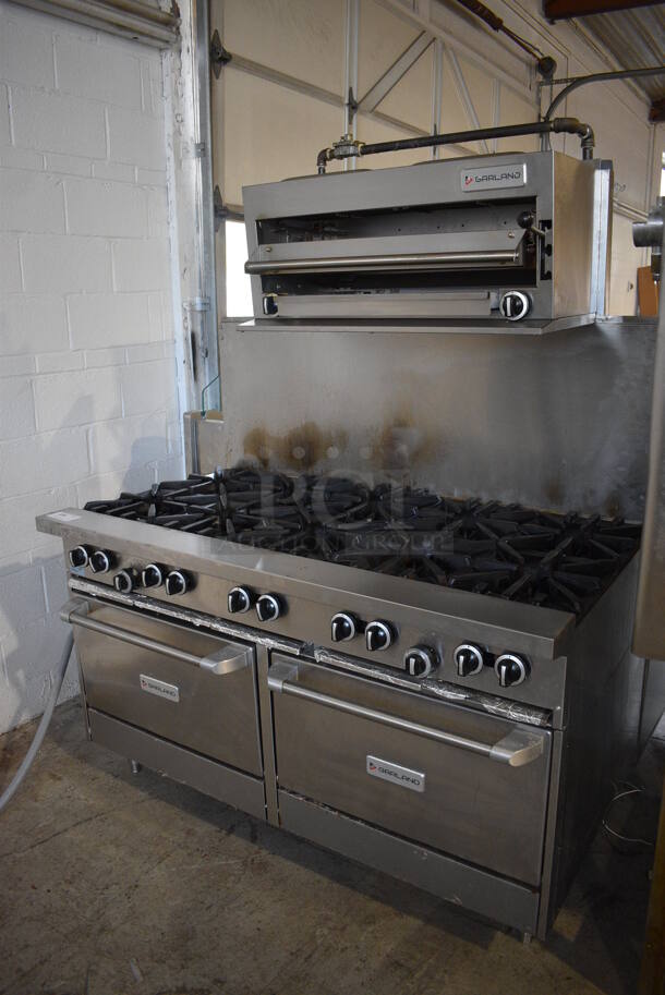 LATE MODEL! 2019 Garland 360-10RR Stainless Steel Commercial Natural Gas Powered 10 Burner Range w/ 2 Ovens, Salamander Cheese Melter and Back Splash. 59x36x72 - Image 8 of 10