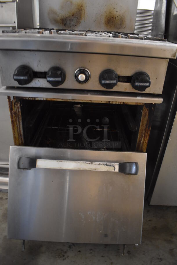 Stianless Steel Commercial Natural Gas Powered 4 Burner Range w/ Oven, Over Shelf and Back Splash on Commercial Casters. Oven Door Needs To Be Reattached. 24x32x57 - Image 5 of 6