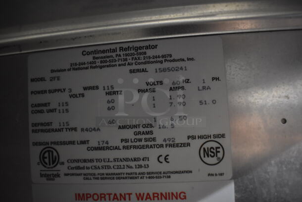 Continental 2FE ENERGY STAR Stainless Steel Commercial 2 Door Reach In Freezer on Commercial Casters. 115 Volts, 1 Phase. 57x34x82. Tested and Powers On But Does Not Get Cold - Image 4 of 6
