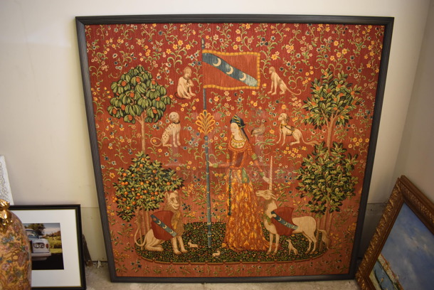 HIGH END REPRODUCTION of Framed Tapestry of The Lady and The Unicorn; Touch. This Tapestry is One of Five Parts That Tell a Story of The Lady and The Five Senses
