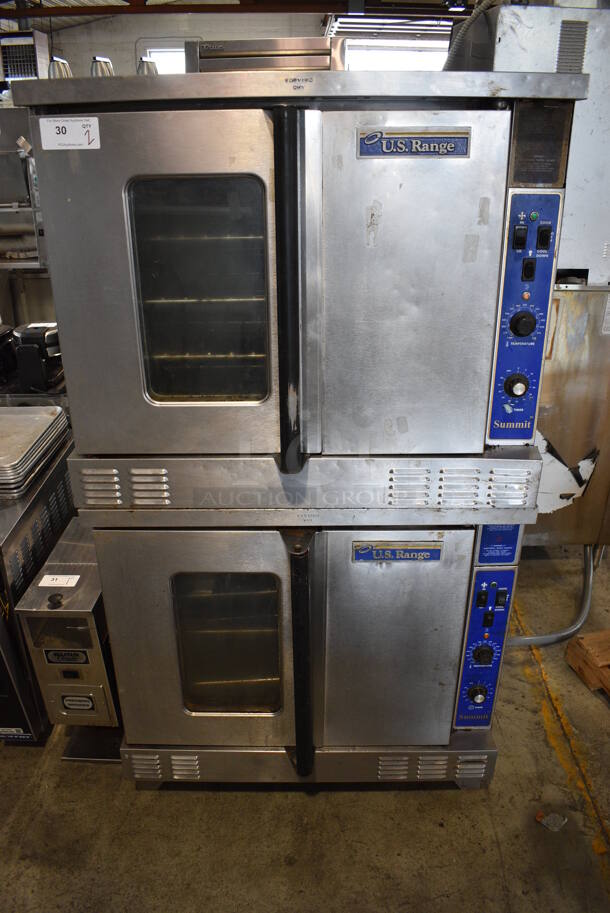 2 US Range Summit Stainless Steel Commercial Electric Powered Full Size Convection Oven w/ View Through Door, Solid Door, Metal Oven Racks and Thermostatic Controls. Appears To Be 208 Volt, 3 Phase. 38x38x69. 2 Times Your Bid!