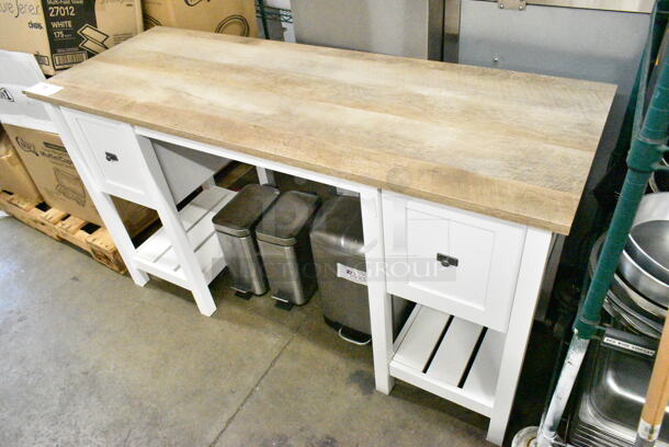 White Wood Pattern Counter w/ Wooden Countertop and 2 Drawers.  - Image 2 of 7