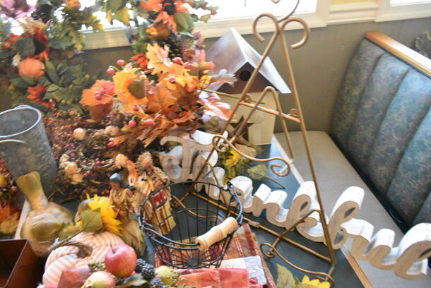 Wall Mount Table w/ Contents Including Fall Decor. BUYER MUST REMOVE: Bring Tools and Manpower Needed To Remove This Item. (booth room)  - Image 7 of 10