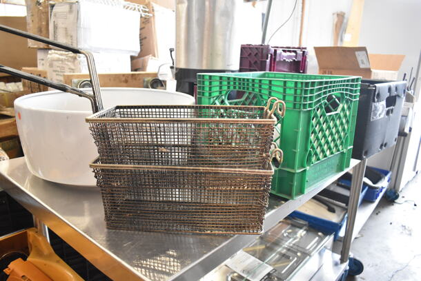ALL ONE MONEY! Lot of Approximately 10 Items Including Luxus Hot Beverage Holder Dispenser, Commercial Casters, Metal Fry Baskets, Speedwell, Box of Brandy Snifter Glasses. Does Not Include Table.  - Image 10 of 10