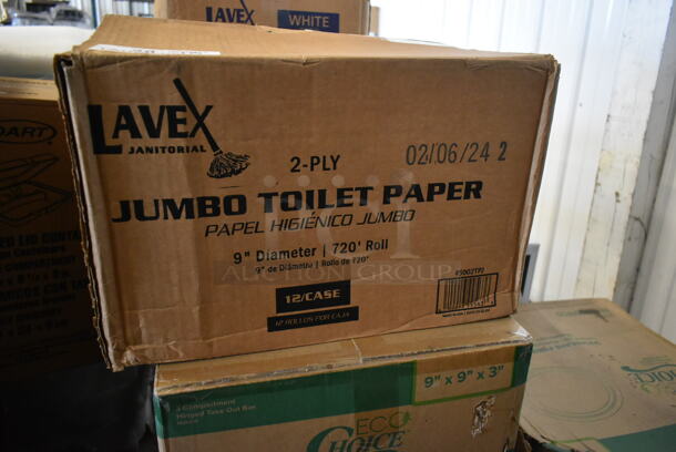 PALLET LOT of 18 BRAND NEW! Boxes Including 5002TPJ Lavex 2-Ply Jumbo Toilet Paper Roll with 9" Diameter, 720 Feet / Roll - 12/Case, 395TO993PF EcoChoice 9" x 9" x 3" Compostable Sugarcane / Bagasse 3 Compartment Takeout Container - 200/Case, 2 Box 395TO881 EcoChoice 8" x 8" x 3" Compostable Sugarcane / Bagasse 1 Compartment Take-Out Box - 200/Case, 130BKFSH Visions Wrapped Black Heavy Weight Plastic Cutlery Pack, 2 Box Lavex White M-Fold (Multifold) Towel - 4000/Case,  2 Box PP206-BK Hinge Containers, ChoiceHD 12 oz. Microwavable Translucent Plastic Deli Container and Lid Combo Pack - 240/Case. 18 Times Your Bid! - Image 2 of 6