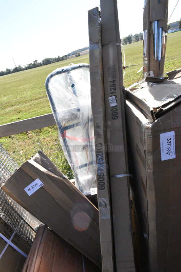 5 BRAND NEW SCRATCH AND DENT! Items Including 600STR62KD Regency 62" Tubular Rack Wall Mounted Shelf, 600DOS1284 Regency Stainless Steel Double Deck Overshelf - 12" x 84" x 32", 460EGP74 Regency 74" NSF Green Epoxy Post, 460EGPC64 Regency 64" NSF Green Epoxy Mobile Shelving Post, 357FBT2084A0 BASE&TOP PLATE UR22. 5 Times Your Bid!  - Image 1 of 7