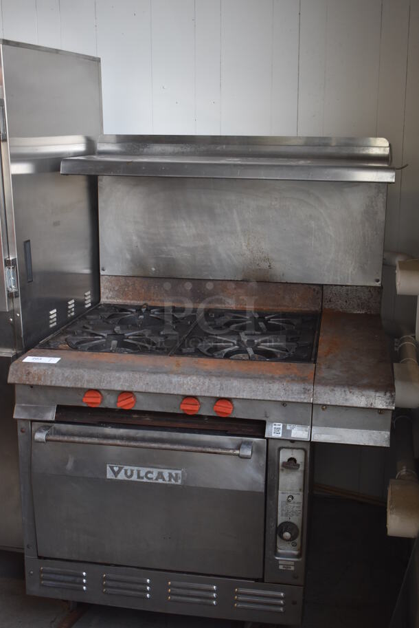 Vulcan Stainless Steel Commercial Natural Gas Powered 4 Burner Range w/ Oven, Over Shelf and Back Splash on Commercial Casters. 43.5x40x61 - Image 2 of 11