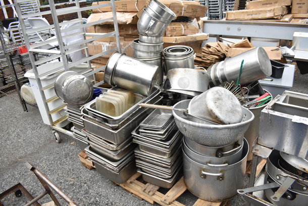 ALL ONE MONEY! PALLET LOT of Various Metal Items Including Drop In Bins, Stock Pots, Colander, Cylindrical Drop In Bins - Image 1 of 12