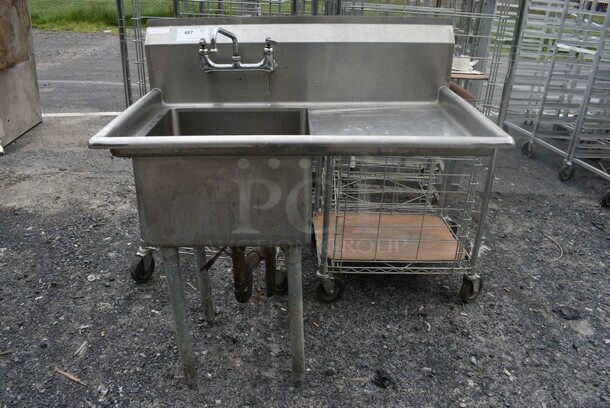 Stainless Steel Commercial Single Bay Sink w/ Right Side Drainboard, Faucet and Handles. 40x24x27. Bay 18x19x10. Drainboard 18x21x2