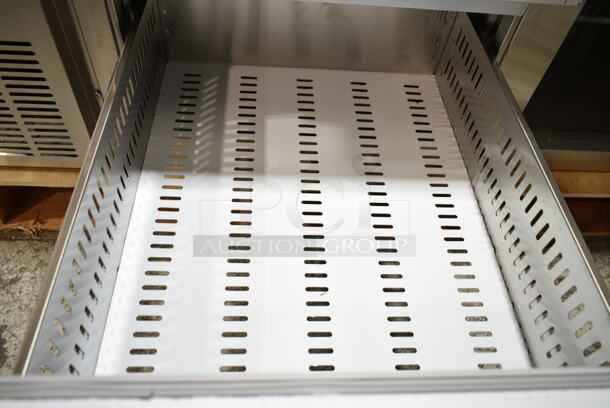 BRAND NEW SCRATCH AND DENT! 2024 Avantco 178SSPPT2 Stainless Steel Commercial Prep Table w/ Over Sized Cutting Board and 2 Drawers. Missing Door. 115 Volts, 1 Phase. Tested and Powers On But Does Not Get Cold  - Image 6 of 8