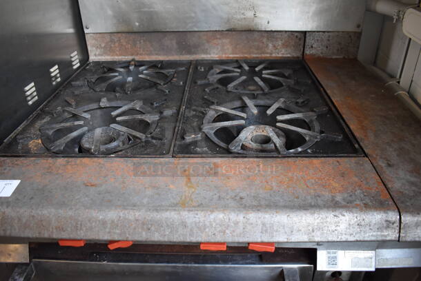 Vulcan Stainless Steel Commercial Natural Gas Powered 4 Burner Range w/ Oven, Over Shelf and Back Splash on Commercial Casters. 43.5x40x61 - Image 8 of 11
