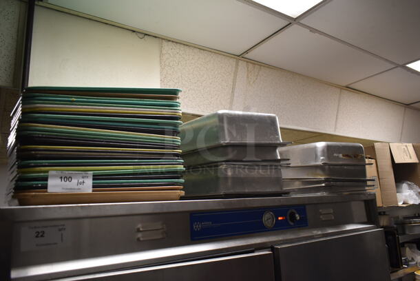 ALL ONE MONEY! Lot of Various Items on Shelf Including Poly Trays and Stainless Steel Drop In Bins. (kitchen #2) - Image 1 of 5